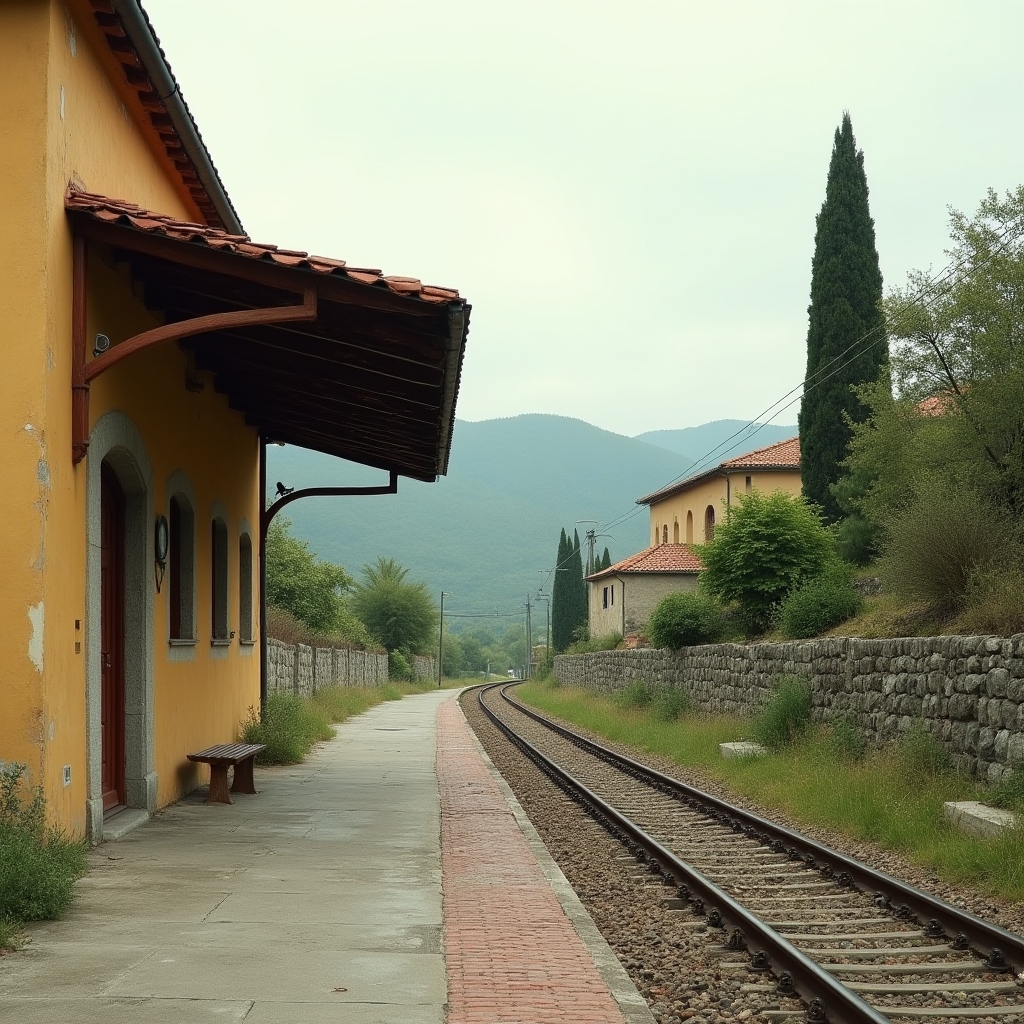 Piccola stazione ferroviaria di paese con binario singolo