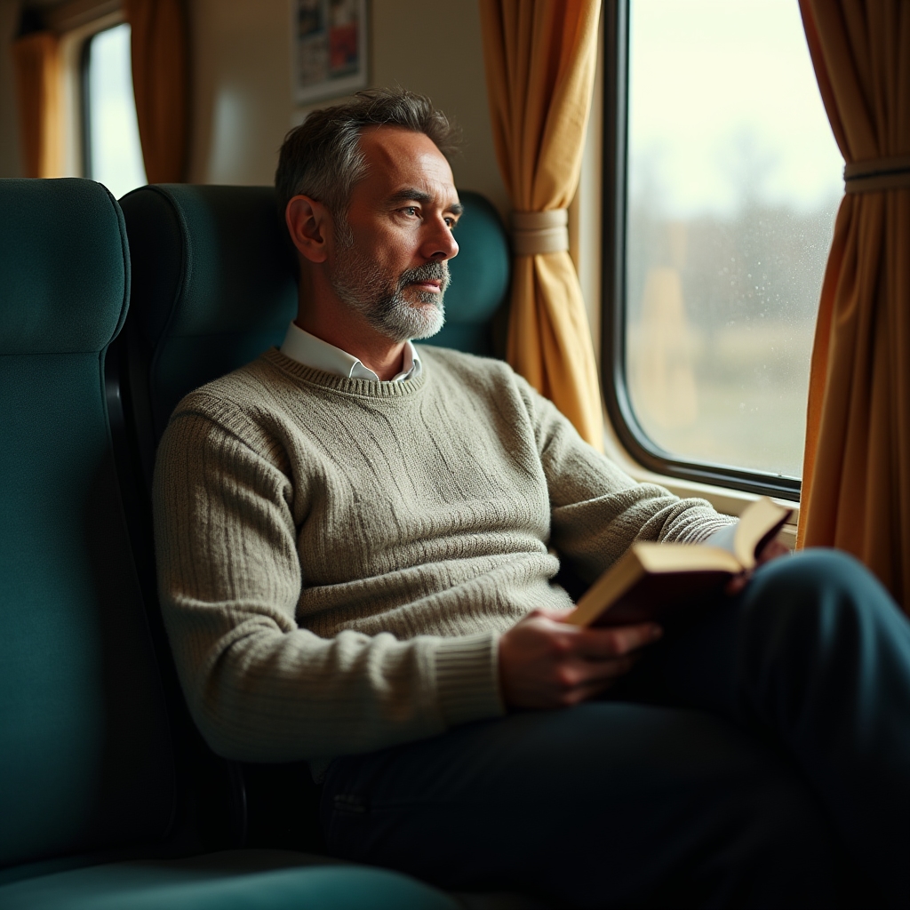 Interno di un treno regionale con passeggero che legge