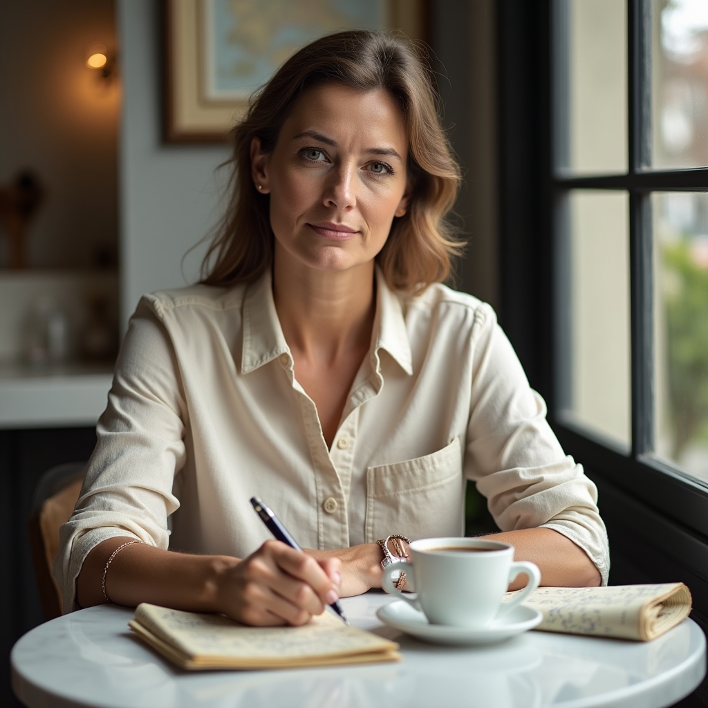 Persona che scrive appunti di viaggio in un caffè